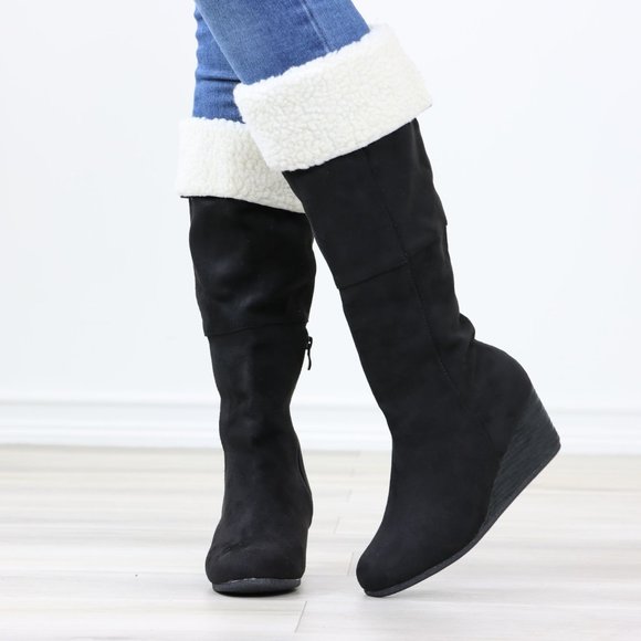 Sherpa Fold Over Black Below The Knee Wedge Heeled Boots Faux Suede - Picture 10 of 12